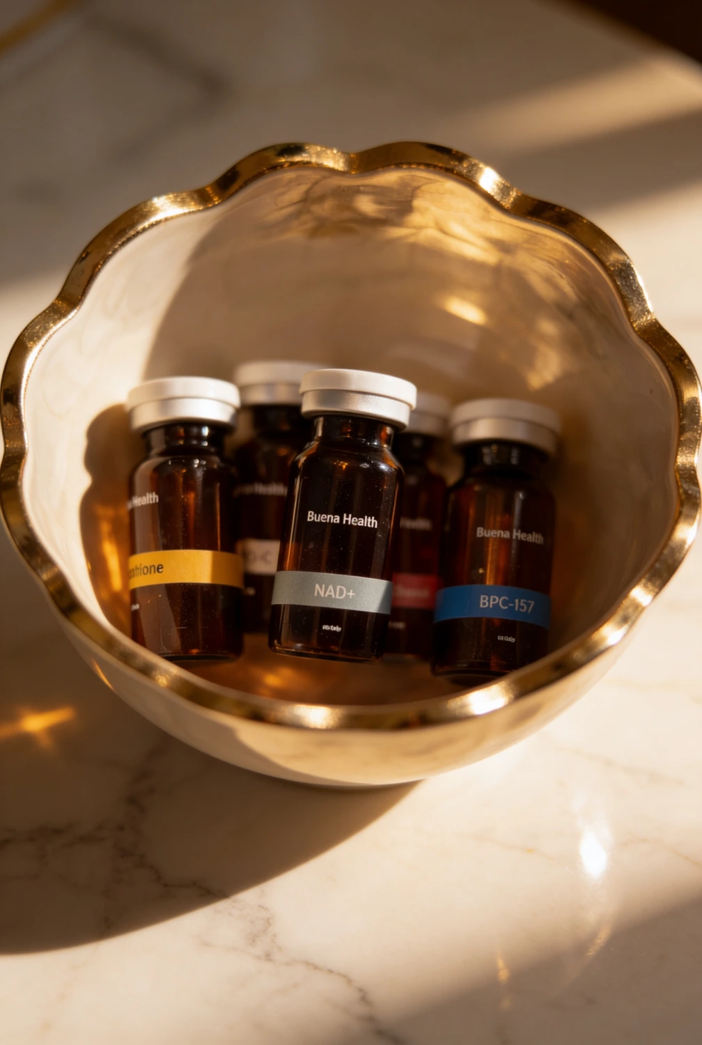 Buena Health compounded therapy vials in a gold dish