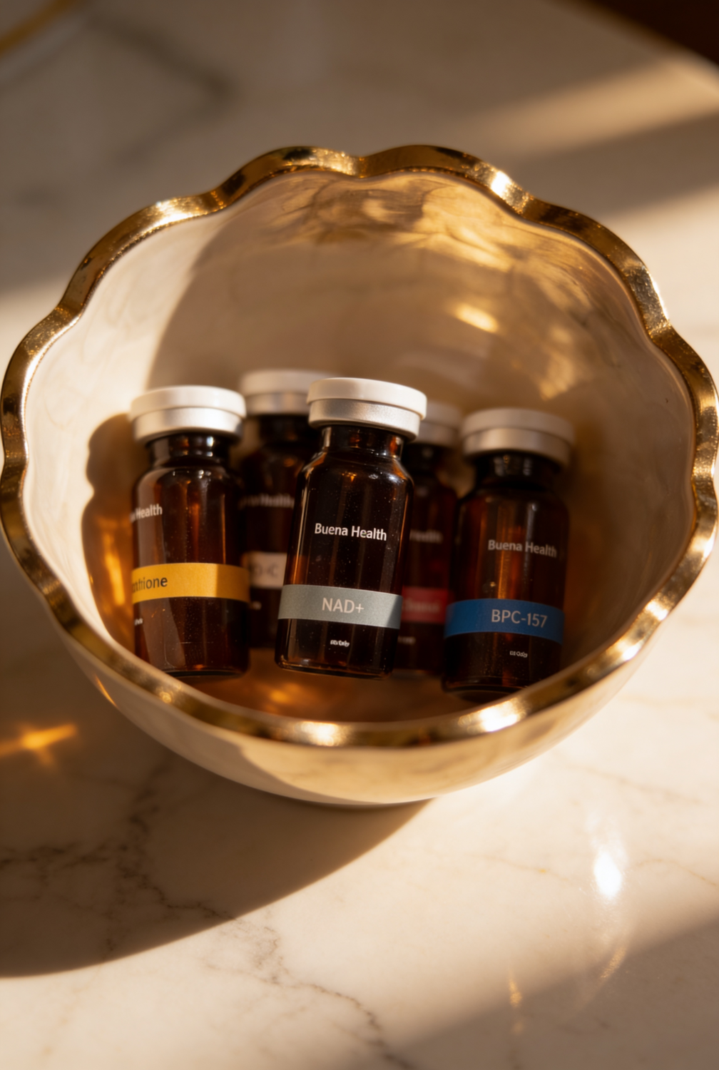 Buena Health peptide vials arranged in a gold bowl
